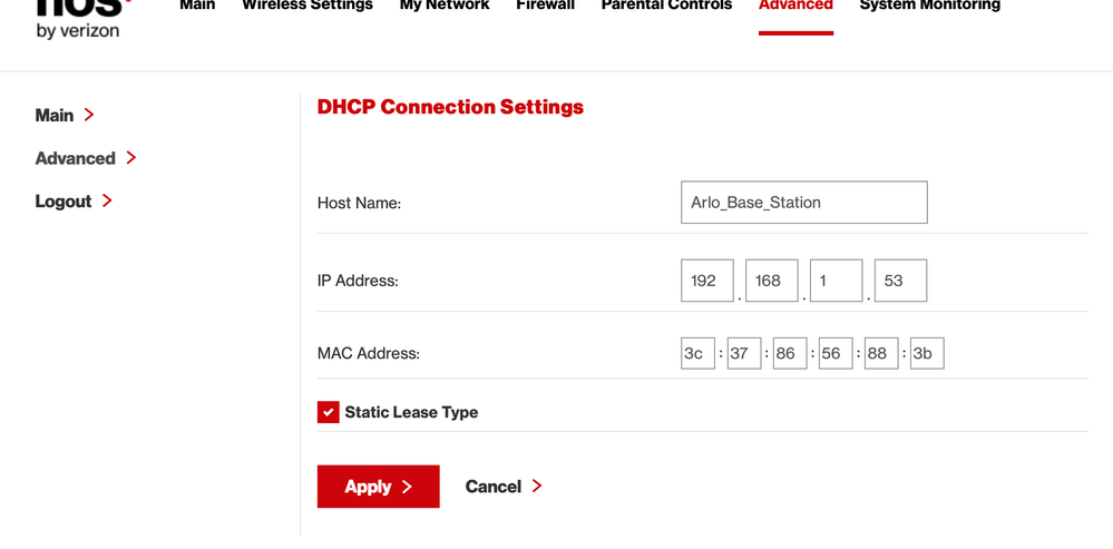 static IP reservation for Arlo base station